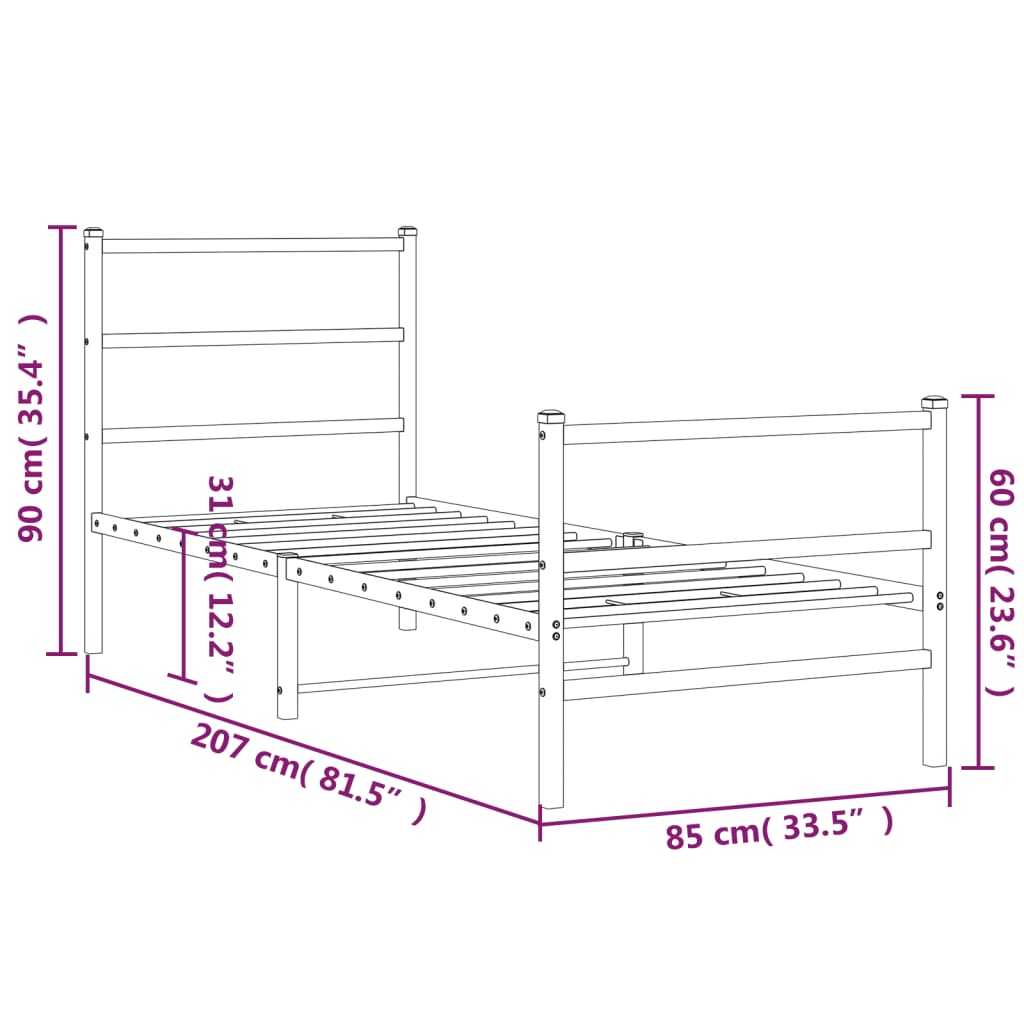 fekete fém ágykeret fej- és lábtámlával 80 x 200 cm