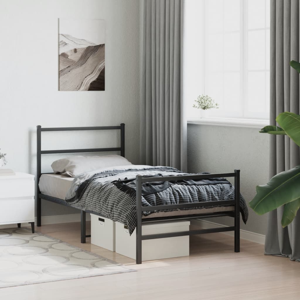 fekete fém ágykeret fej- és lábtámlával 90 x 200 cm