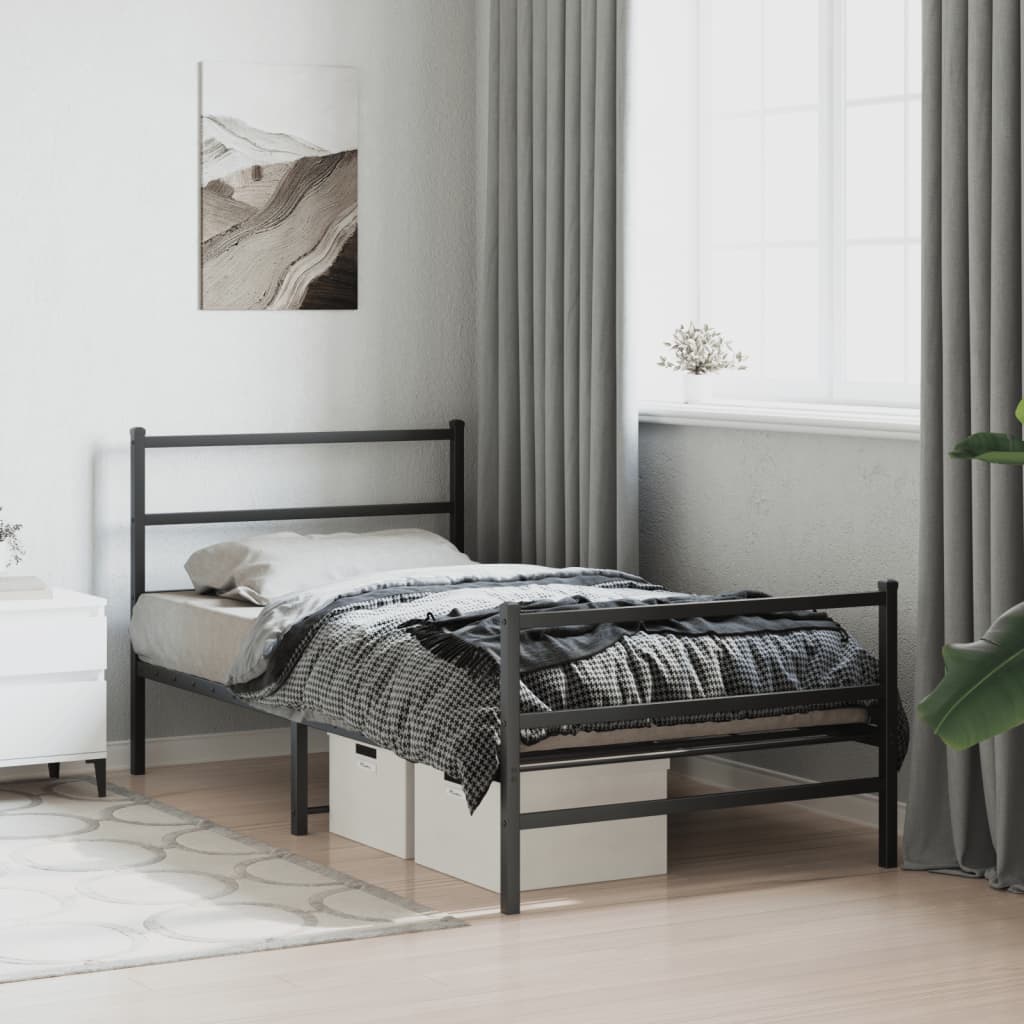 fekete fém ágykeret fej- és lábtámlával 107 x 203 cm