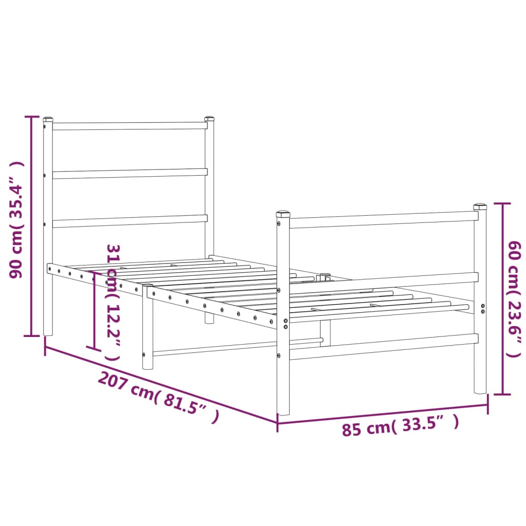 fehér fém ágykeret fej- és lábtámlával 80 x 200 cm