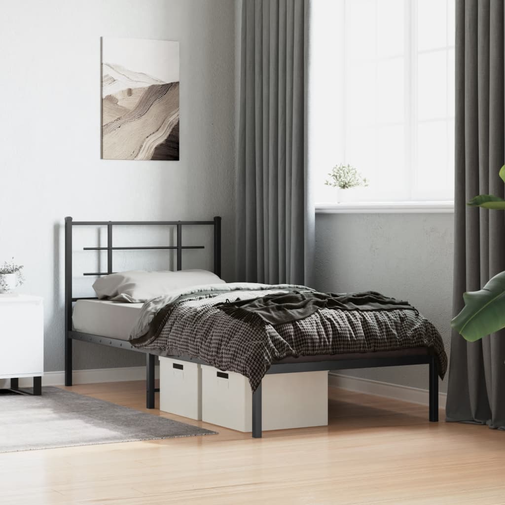 fekete fém ágykeret fejtámlával 90 x 190 cm