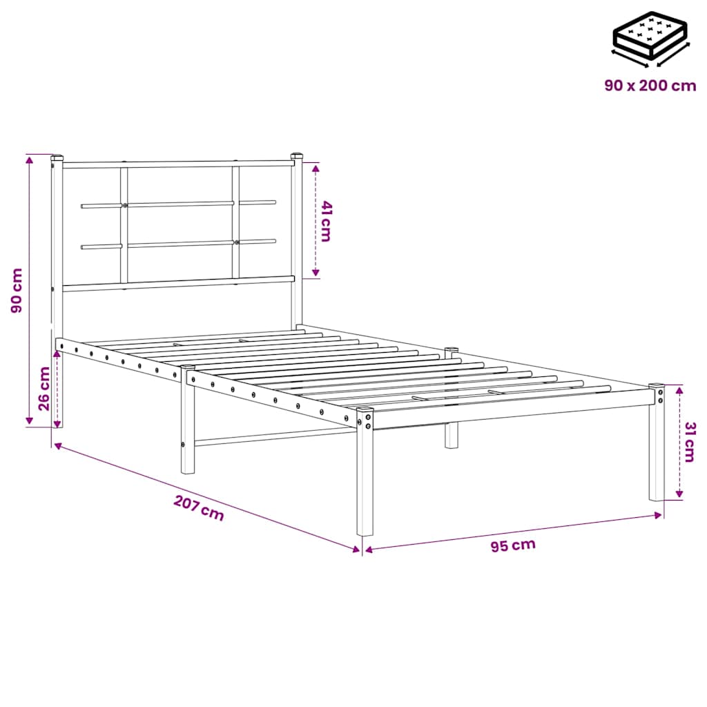 fekete fém ágykeret fejtámlával 90 x 200 cm