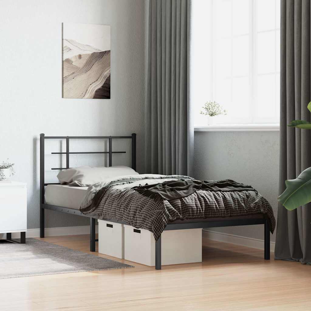 fekete fém ágykeret fejtámlával 90 x 200 cm
