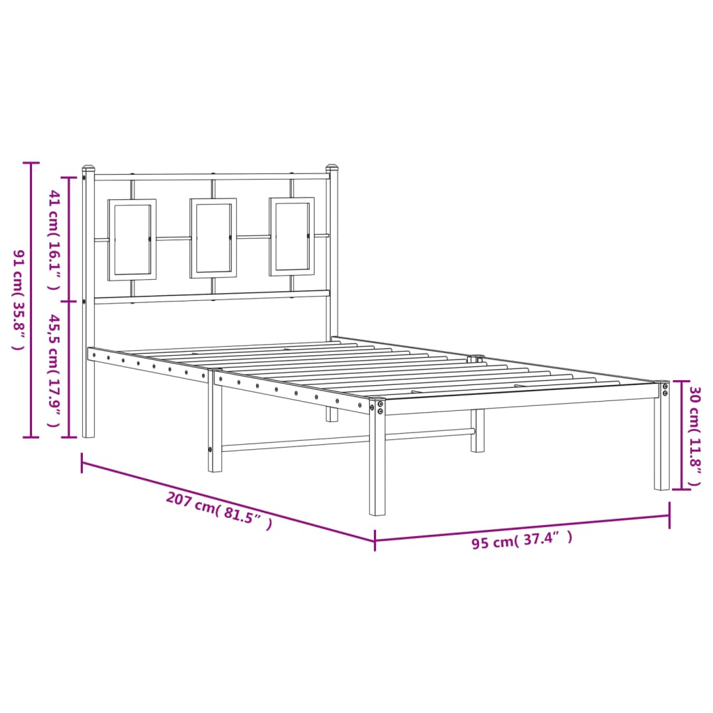 fekete fém ágykeret fejtámlával 90 x 200 cm