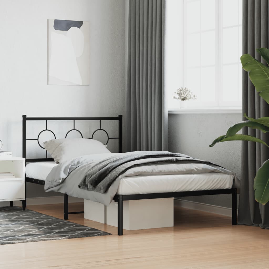 fekete fém ágykeret fejtámlával 107 x 203 cm