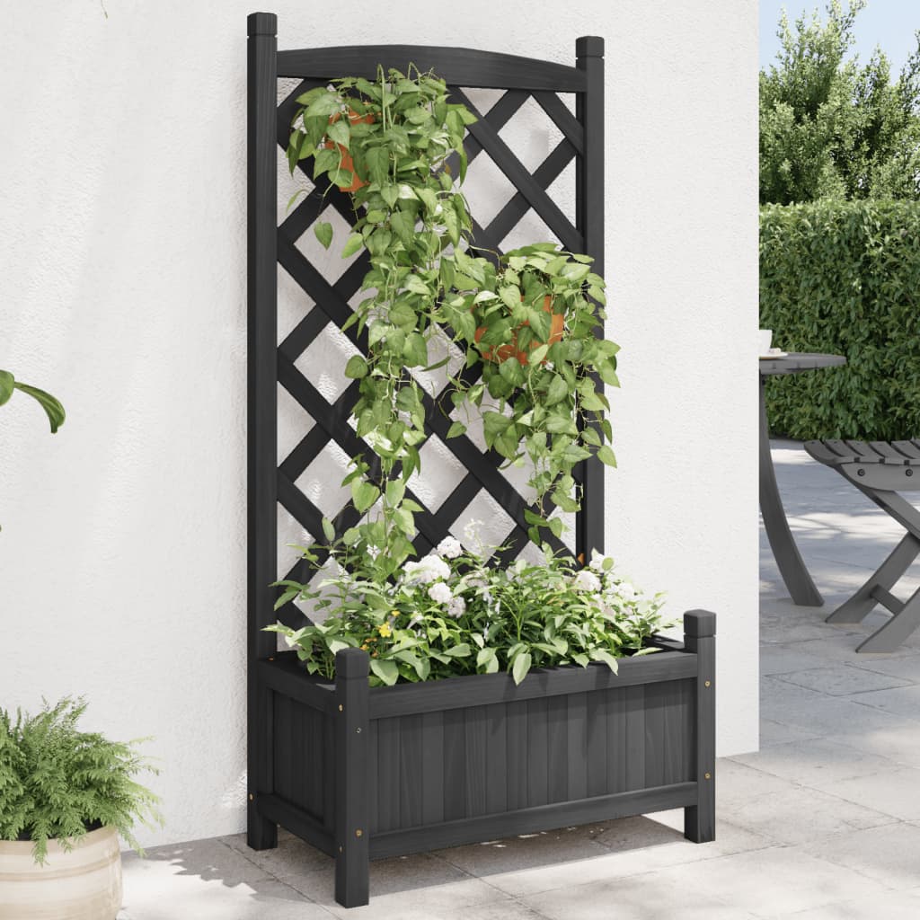 fekete tömör fenyőfa virágláda ráccsal 55 x 29,5 x 110 cm