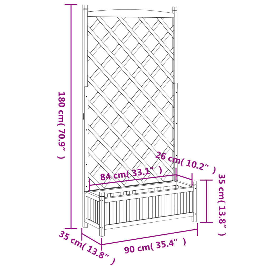szürke tömör fenyőfa virágláda ráccsal 90 x 35 x 180 cm