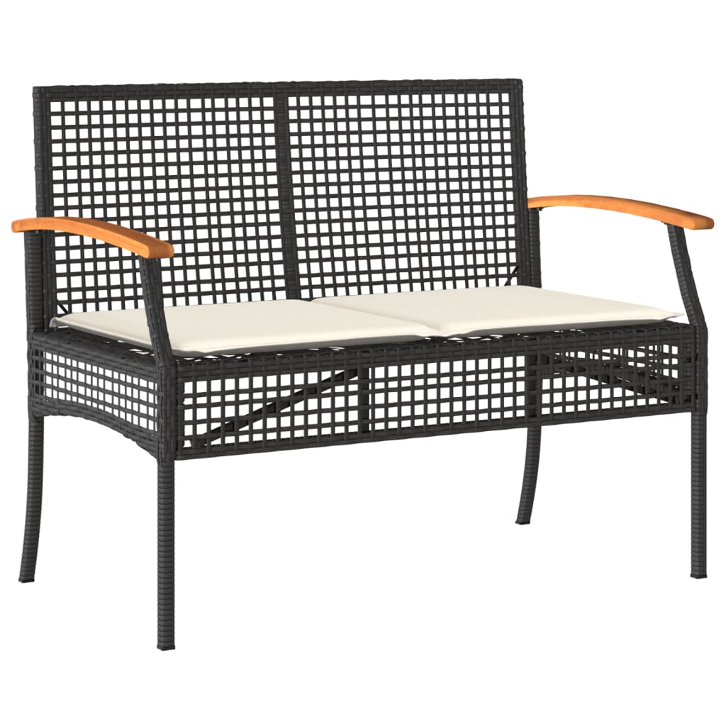 fekete polyrattan és akácfa kerti pad párnával