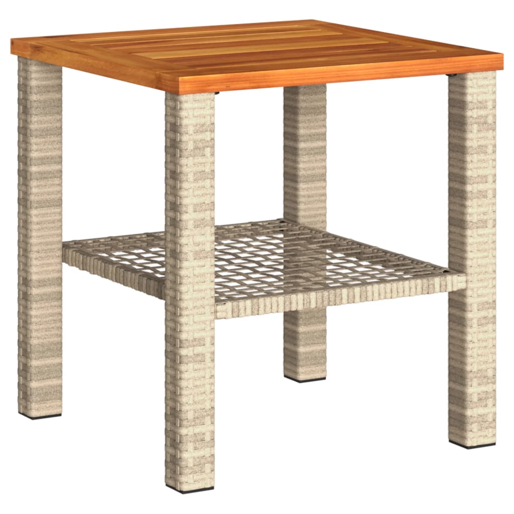 bézs polyrattan és akácfa kerti asztal 40 x 40 x 42 cm
