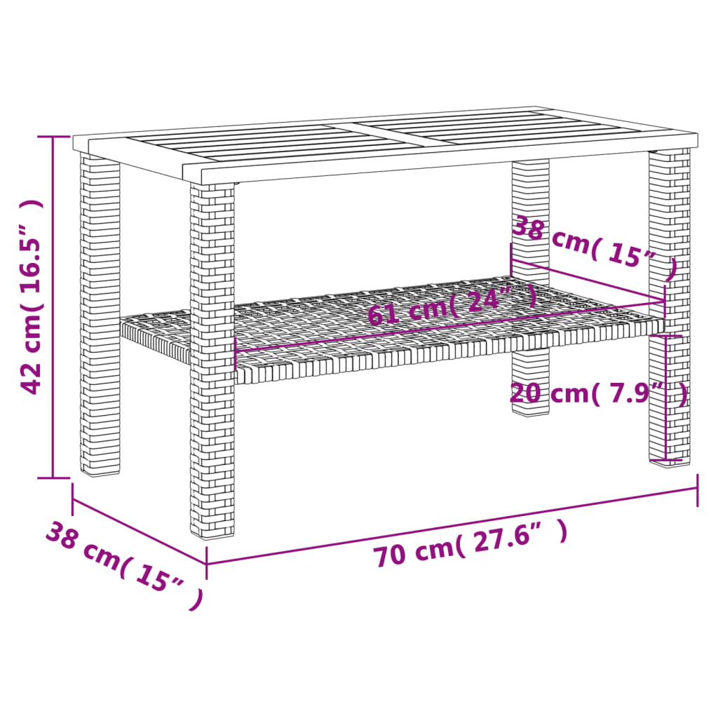 szürke polyrattan és akácfa kerti asztal 70 x 38 x 42 cm