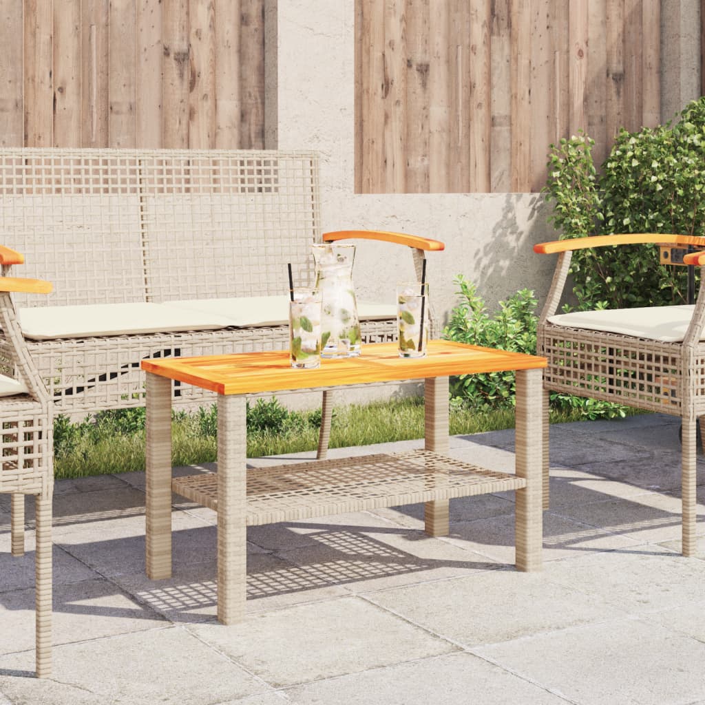 bézs polyrattan és akácfa kerti asztal 70 x 38 x 42 cm