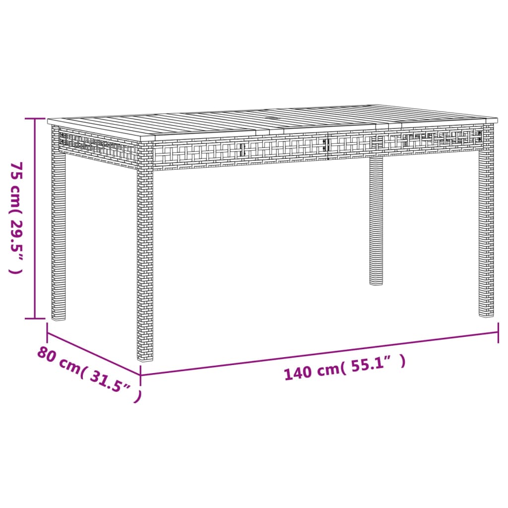 fekete polyrattan és akácfa kerti asztal 140 x 80 x 75 cm
