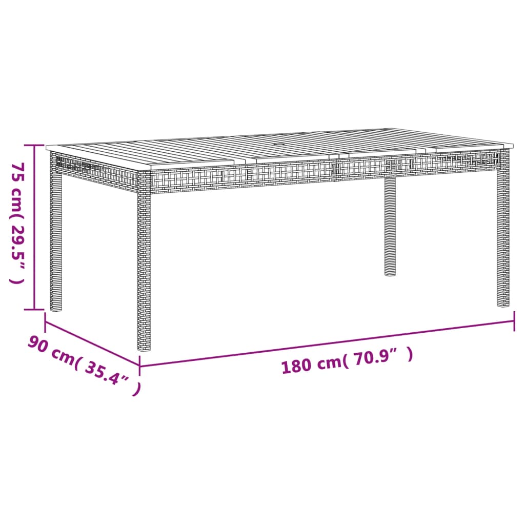 szürke polyrattan és akácfa kerti asztal 180 x 90 x 75 cm