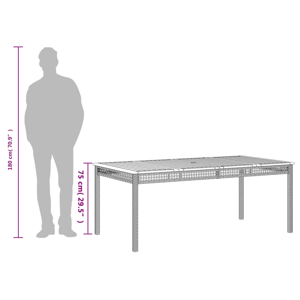 szürke polyrattan és akácfa kerti asztal 180 x 90 x 75 cm