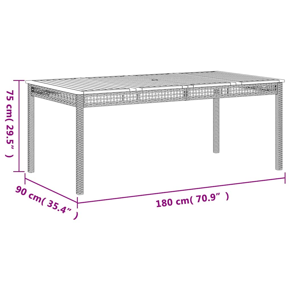 bézs polyrattan és akácfa kerti asztal 180 x 90 x 75 cm