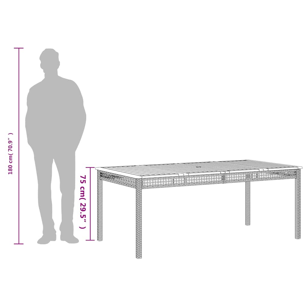 bézs polyrattan és akácfa kerti asztal 180 x 90 x 75 cm