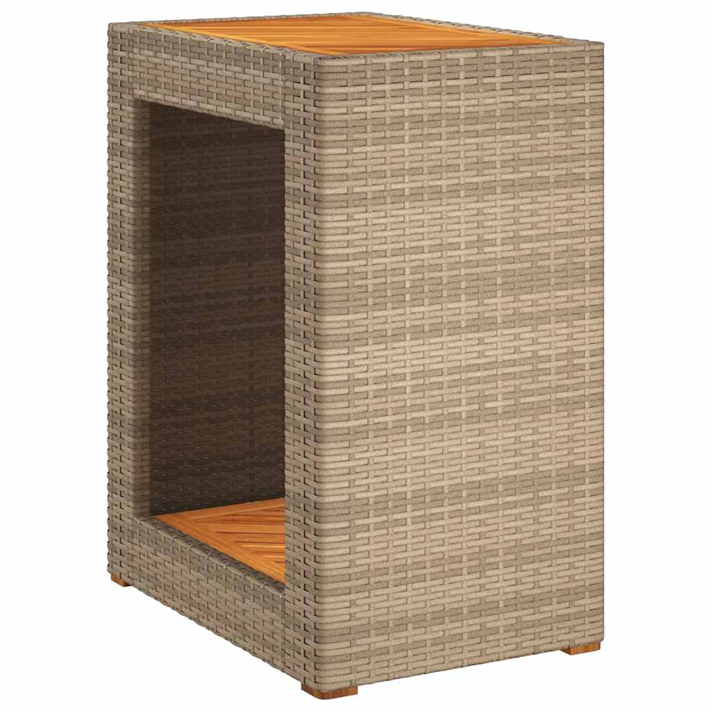 bézs polyrattan kerti kisasztal fa asztallappal 60x40x75 cm