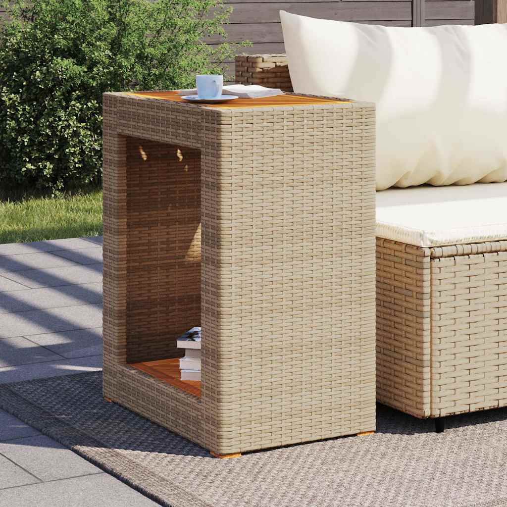 bézs polyrattan kerti kisasztal fa asztallappal 60x40x75 cm