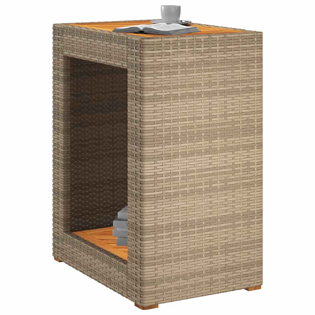 bézs polyrattan kerti kisasztal fa asztallappal 60x40x75 cm