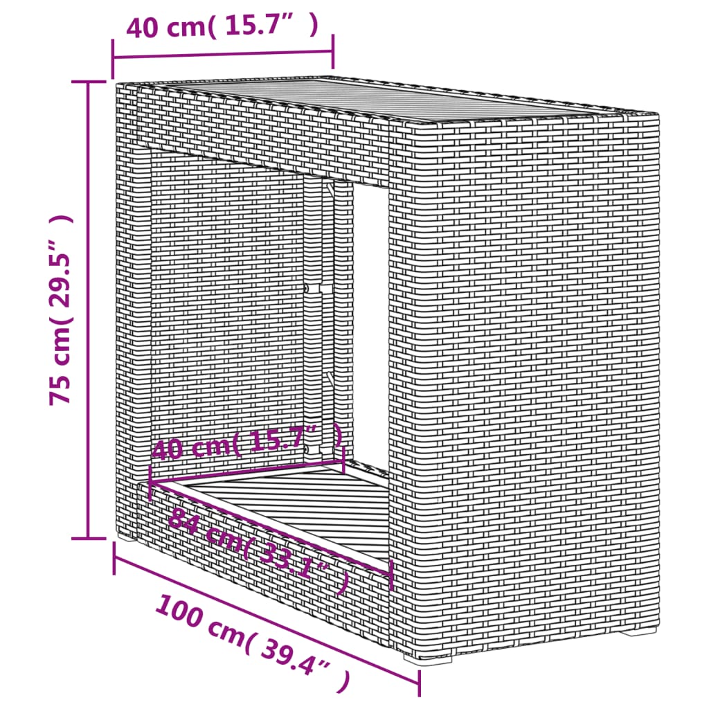 szürke polyrattan falapos kerti asztal 100x40x75 cm