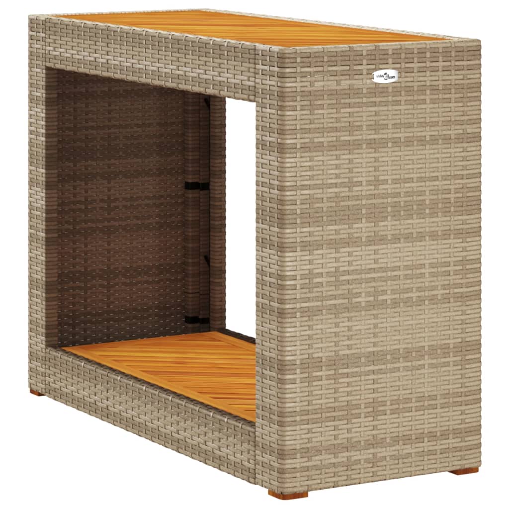 bézs polyrattan kerti kisasztal fa asztallappal 100x40x75 cm