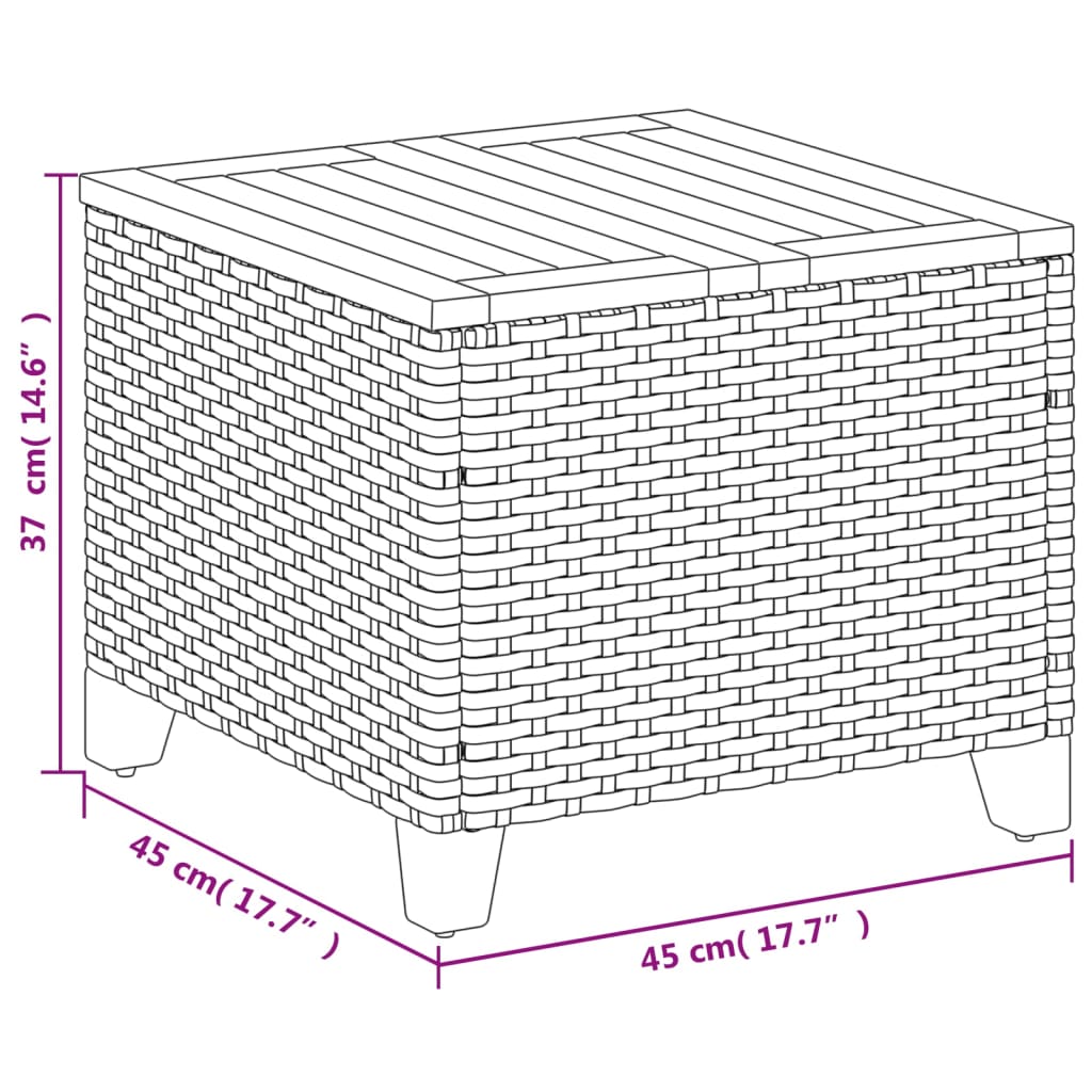 szürke polyrattan és akácfa kerti asztal 45 x 45 x 37 cm