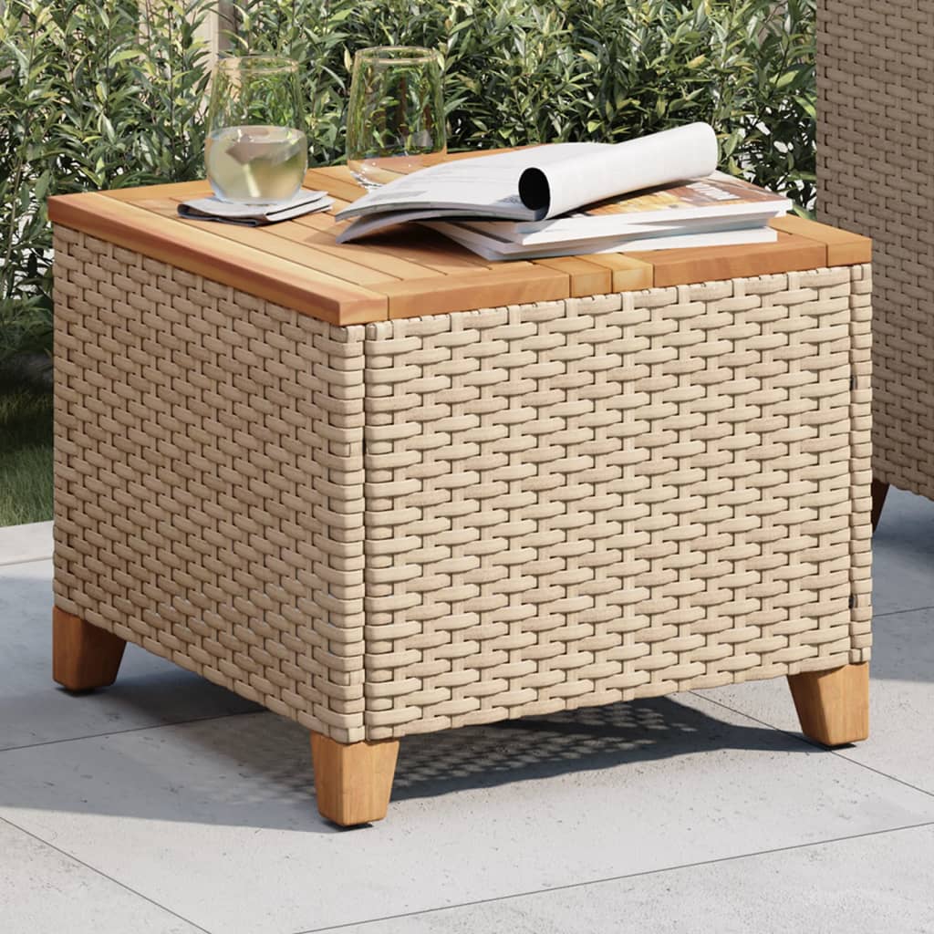 bézs polyrattan és akácfa kerti asztal 45 x 45 x 37 cm