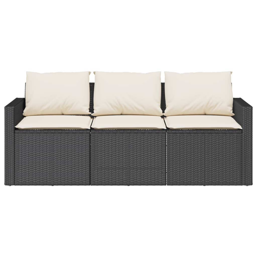 fekete 3 személyes polyrattan kerti kanapé párnákkal