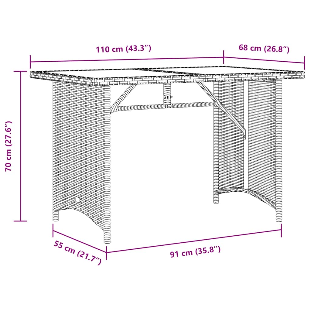 bézs polyrattan üveglapos kerti asztal 110x68x70 cm