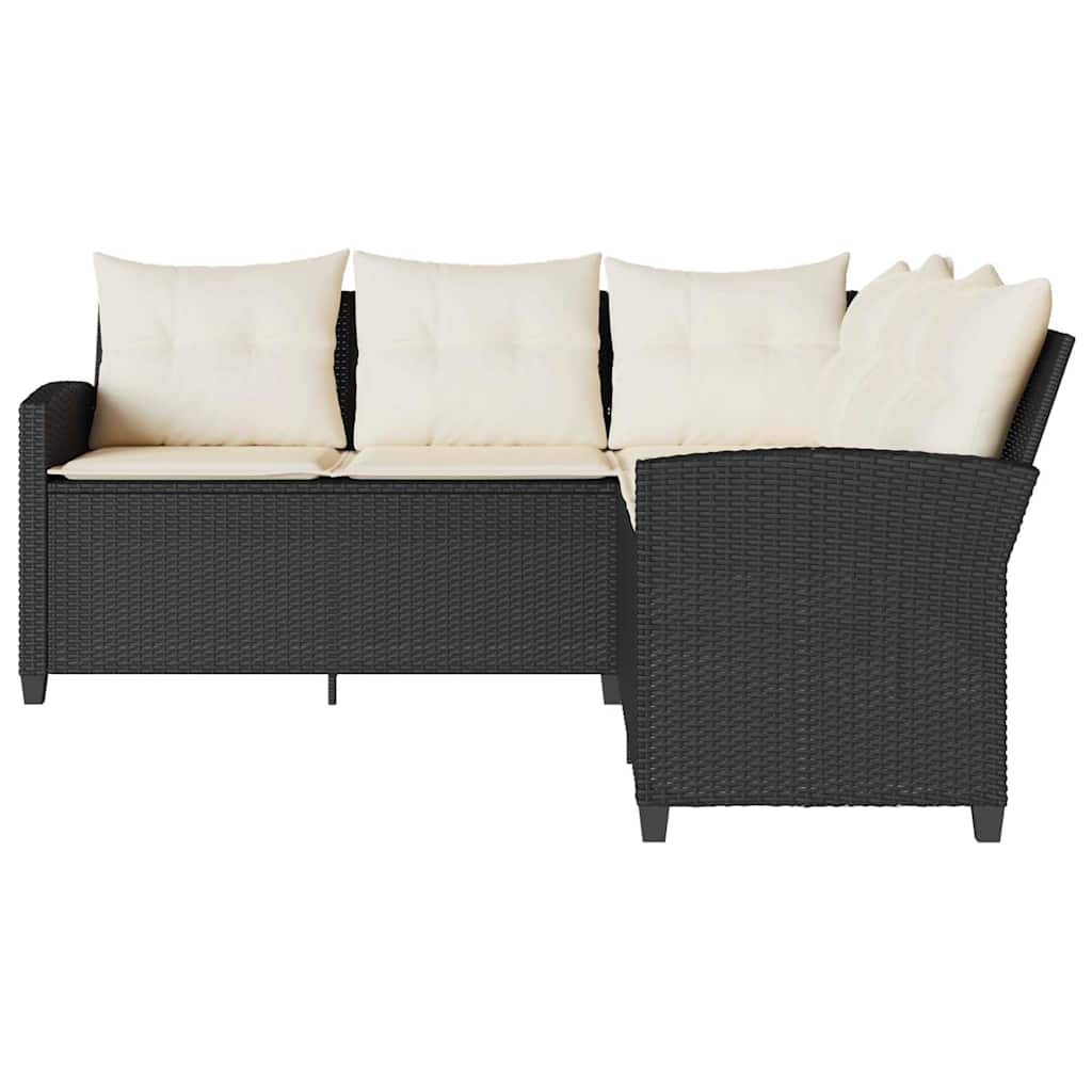 fekete polyrattan L-alakú kanapé párnákkal