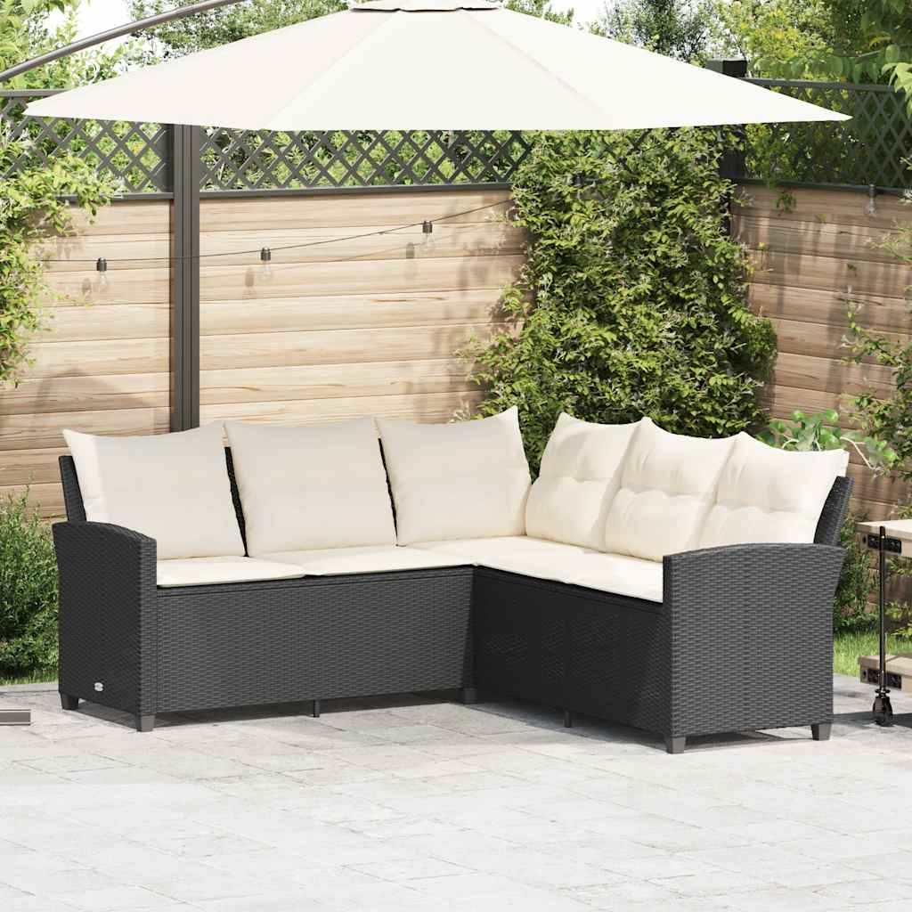 fekete polyrattan L-alakú kanapé párnákkal