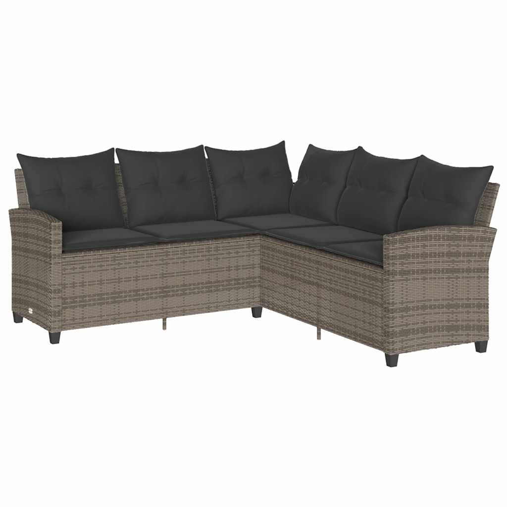 szürke polyrattan L-alakú kanapé párnákkal