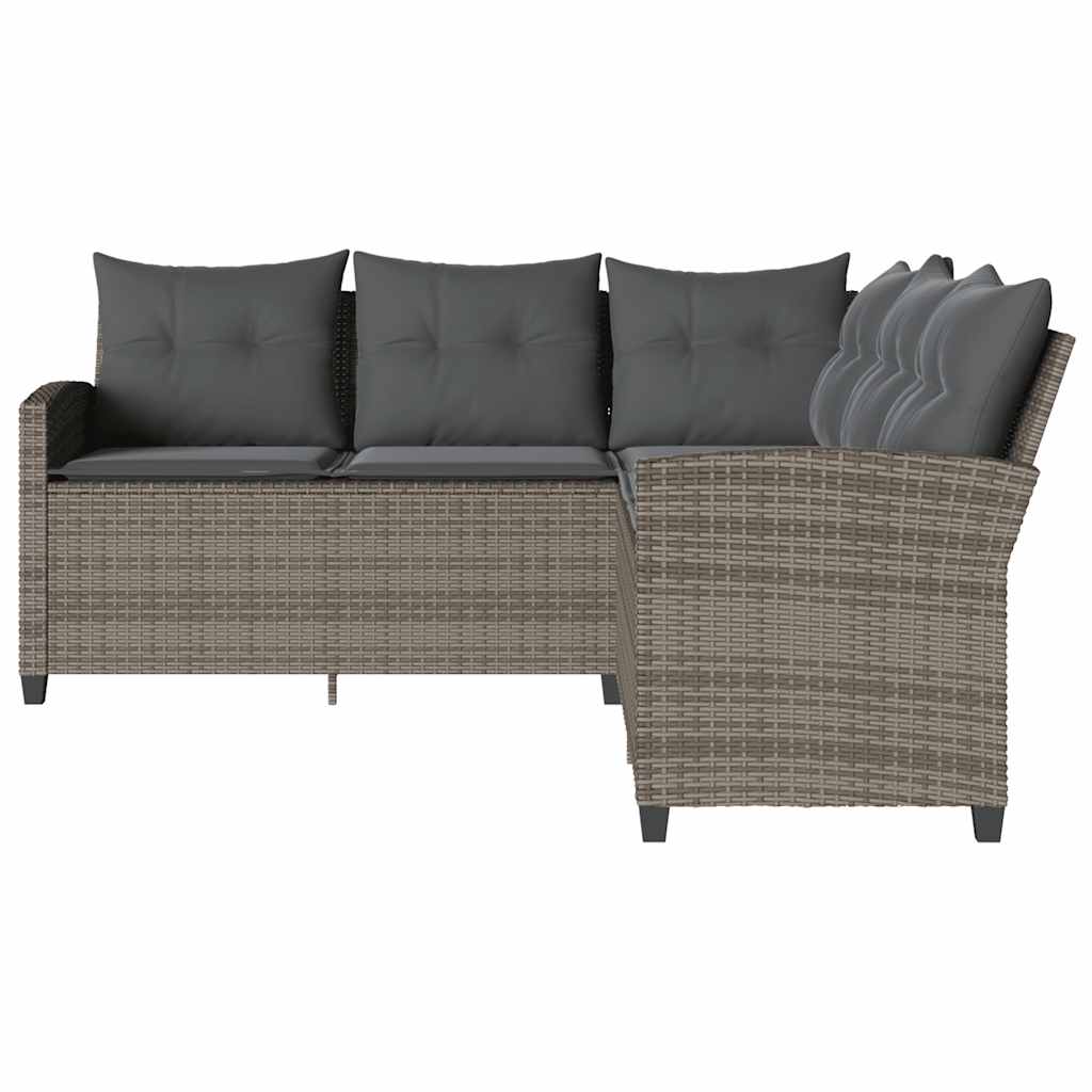 szürke polyrattan L-alakú kanapé párnákkal