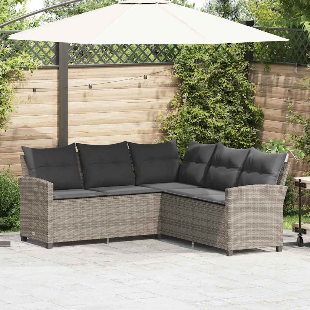 szürke polyrattan L-alakú kanapé párnákkal