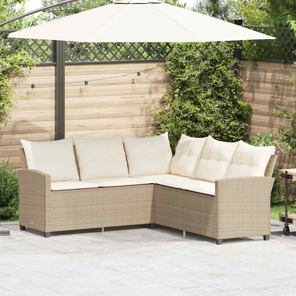 bézs színű L alakú polyrattan kanapé párnákkal