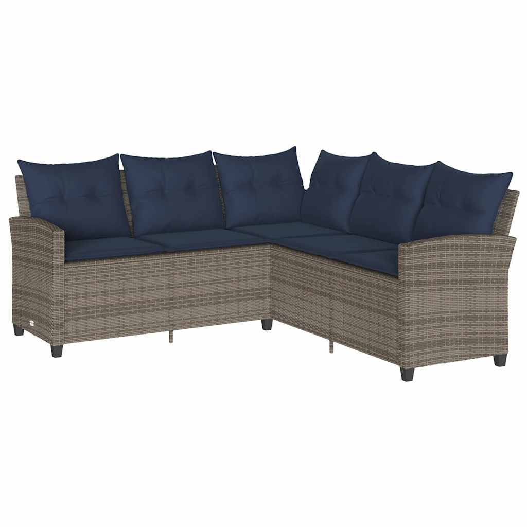 szürke polyrattan L-alakú kanapé párnákkal
