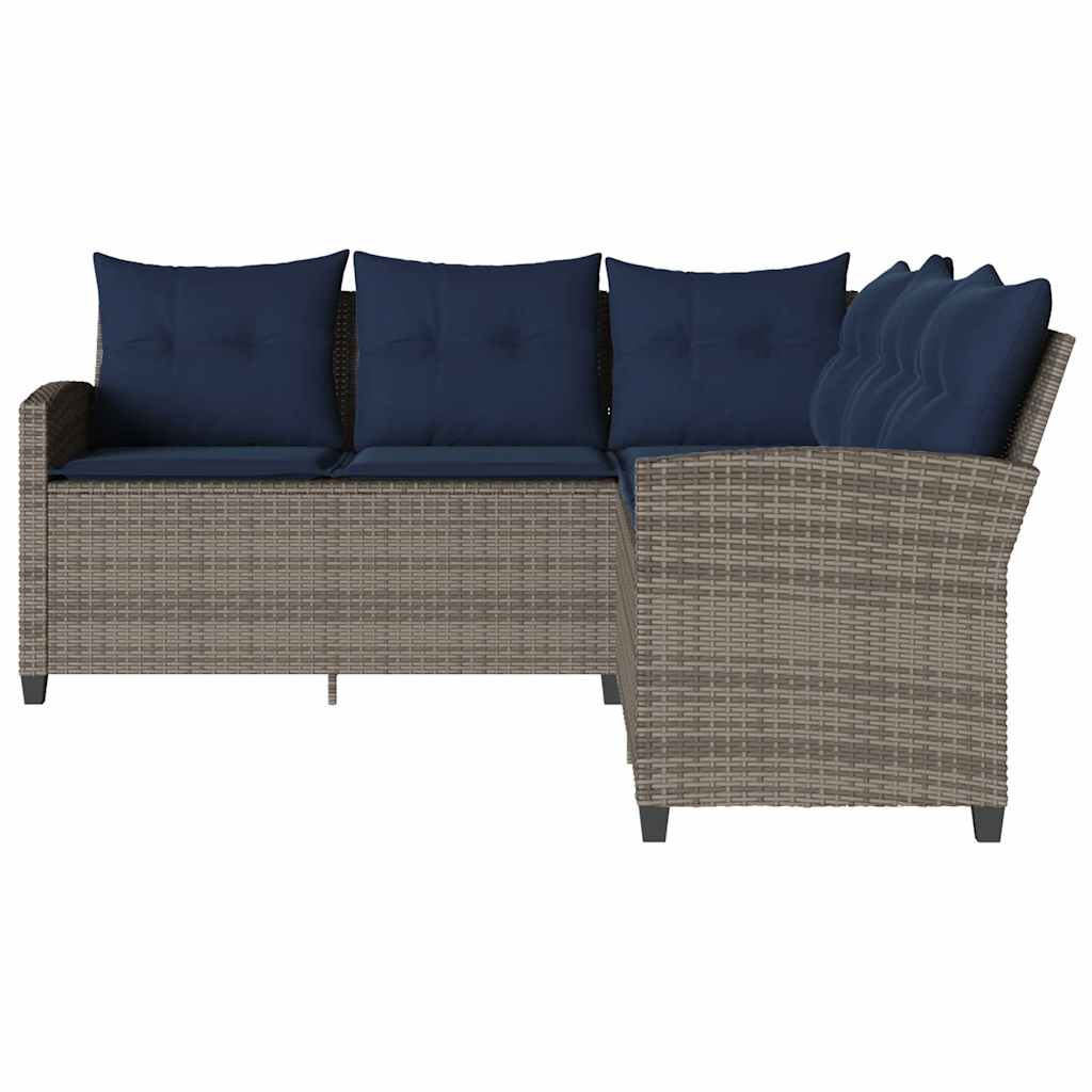 szürke polyrattan L-alakú kanapé párnákkal