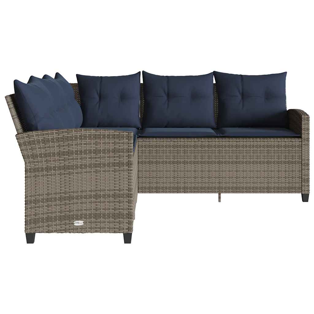 szürke polyrattan L-alakú kanapé párnákkal
