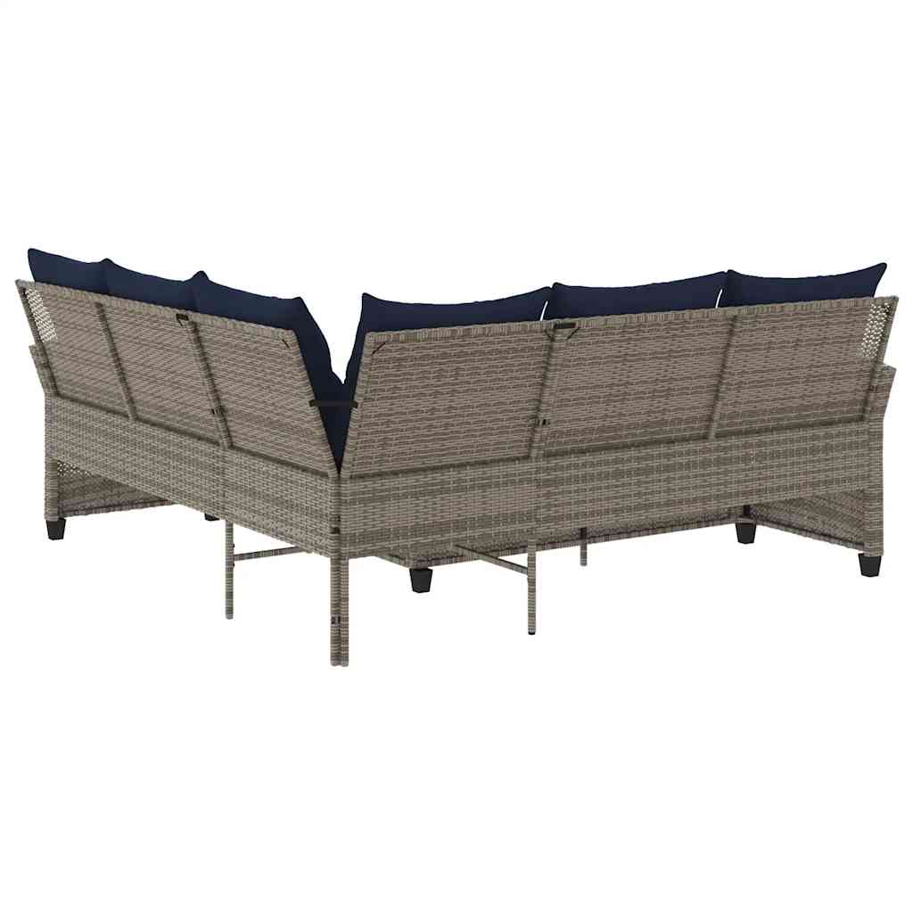 szürke polyrattan L-alakú kanapé párnákkal