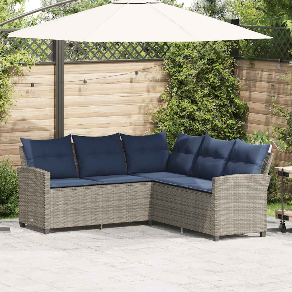 szürke polyrattan L-alakú kanapé párnákkal