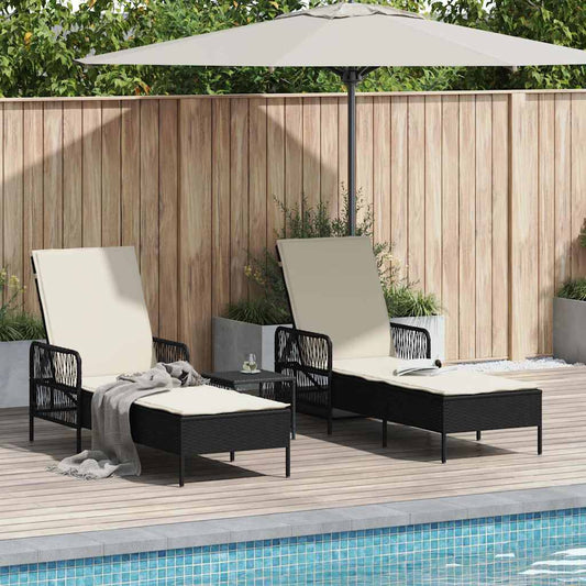 Napozó 3 pcs Fekete és krémfehér 55 x 200 x 92 cm polirattan