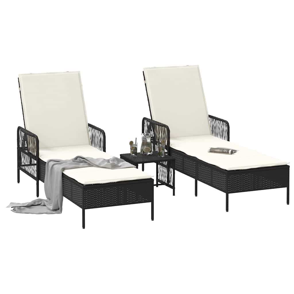 Napozó 3 pcs Fekete és krémfehér 55 x 200 x 92 cm polirattan