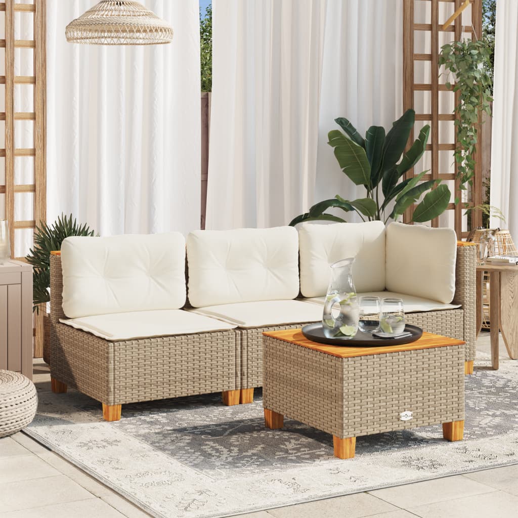 bézs polyrattan és akácfa kerti asztal 55 x 55 x 36 cm