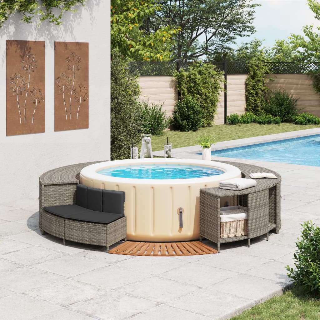 szürke polyrattan és tömör akácfa jakuzzi-keret