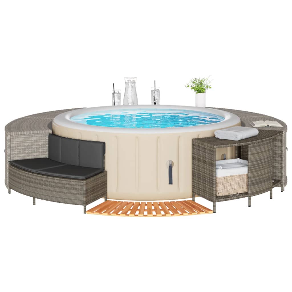 szürke polyrattan és tömör akácfa jakuzzi-keret