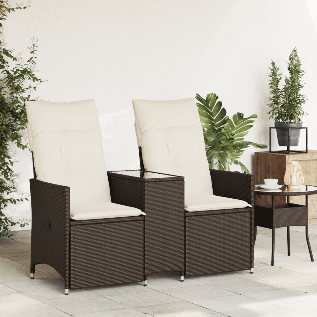 2 személyes barna polyrattan dönthető kerti kanapé asztallal