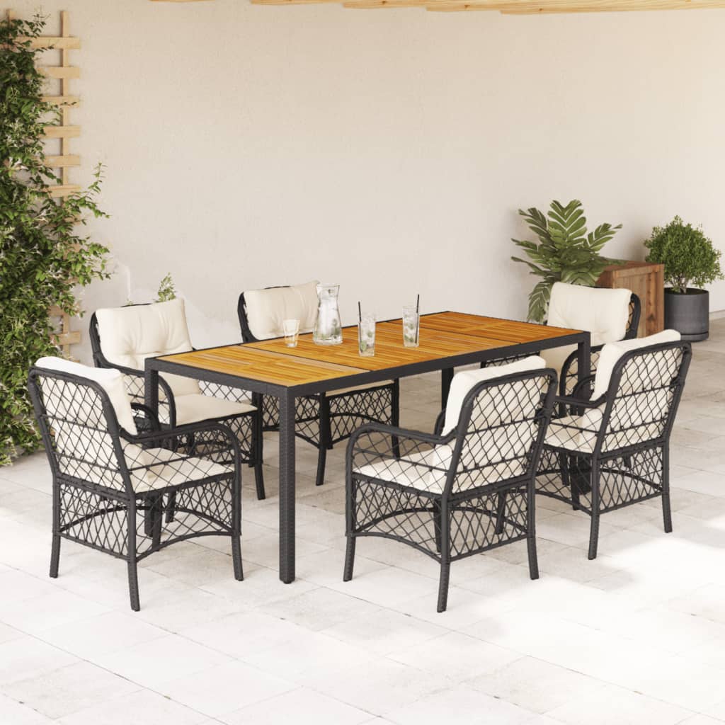 7 részes fekete polyrattan kerti étkezőgarnitúra párnával