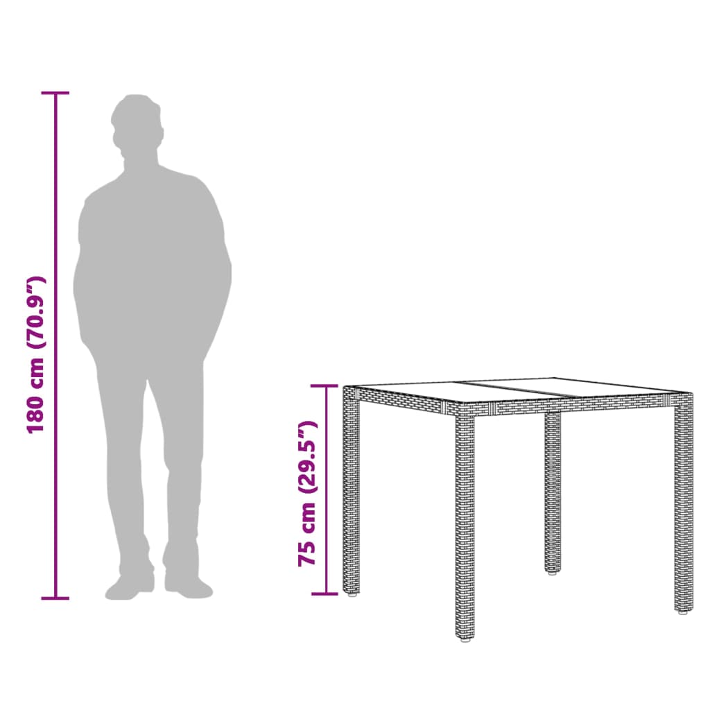 barna polyrattan üveglapos kerti asztal 90 x 90 x 75 cm