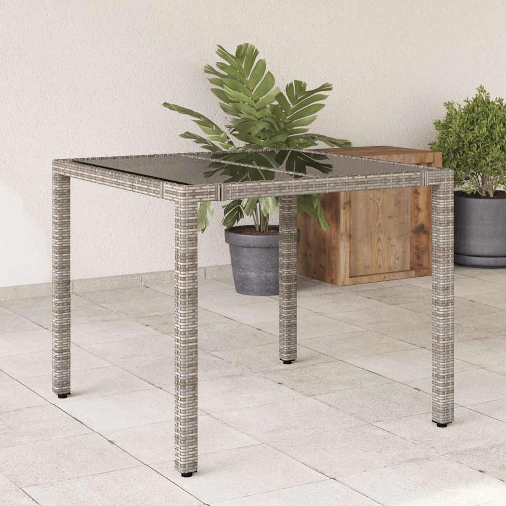 szürke polyrattan üveglapos kerti asztal 90 x 90 x 75 cm