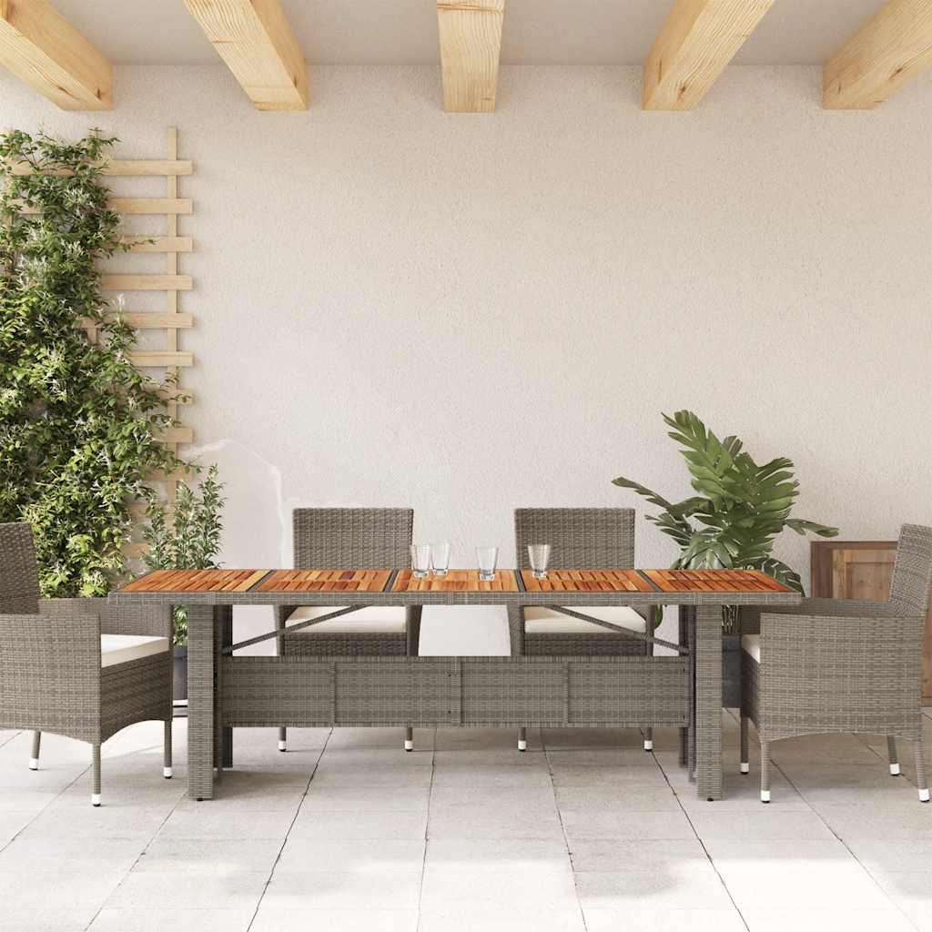 szürke polyrattan kerti asztal akácfa lappal 240 x 90 x 75 cm